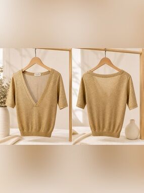Doce de Coco Metallic Gold V-Neck Knit Top - Size L - Made in Brazil